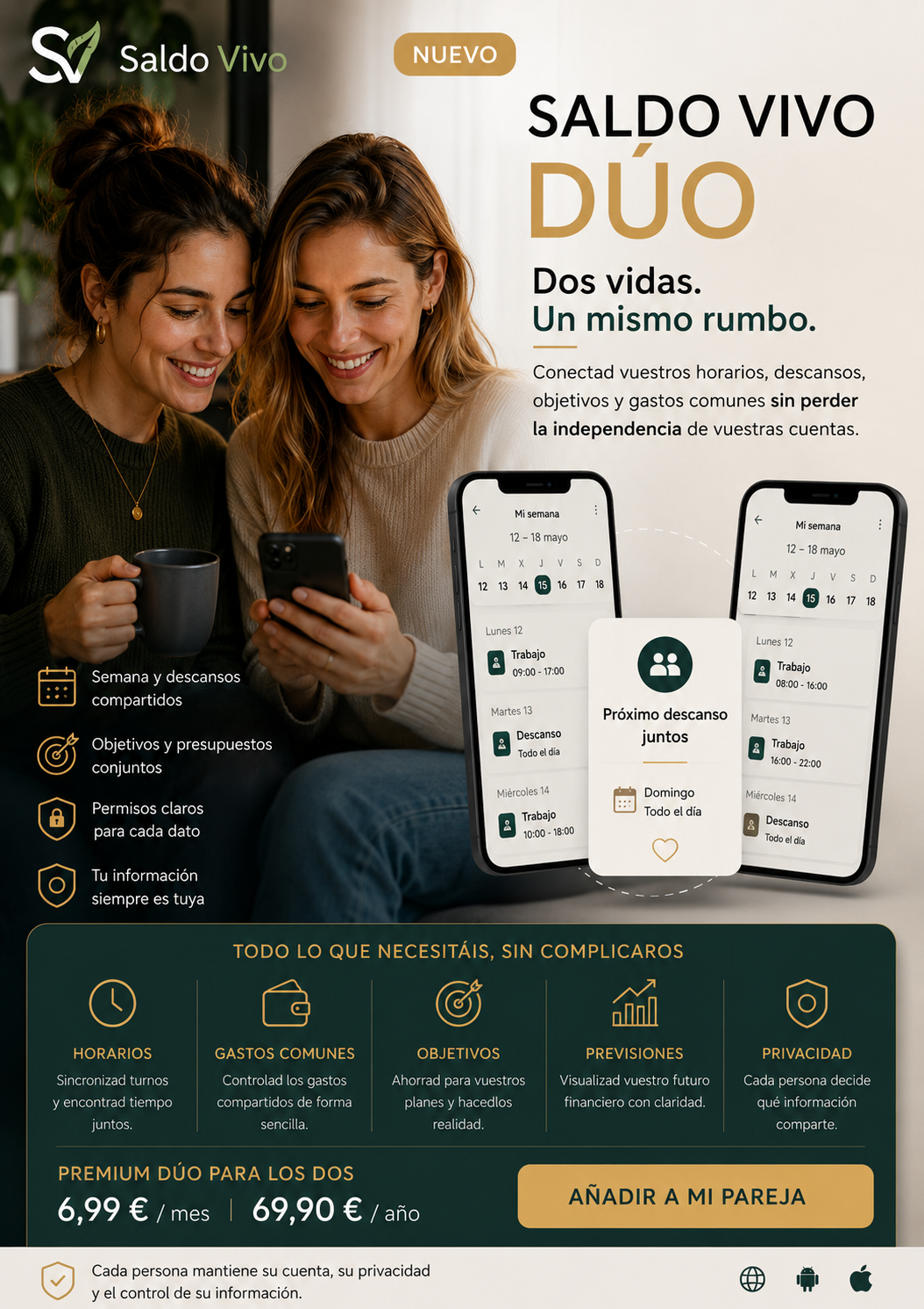 Saldo Vivo Duo poster with two women checking their schedules and two shared planning screens.