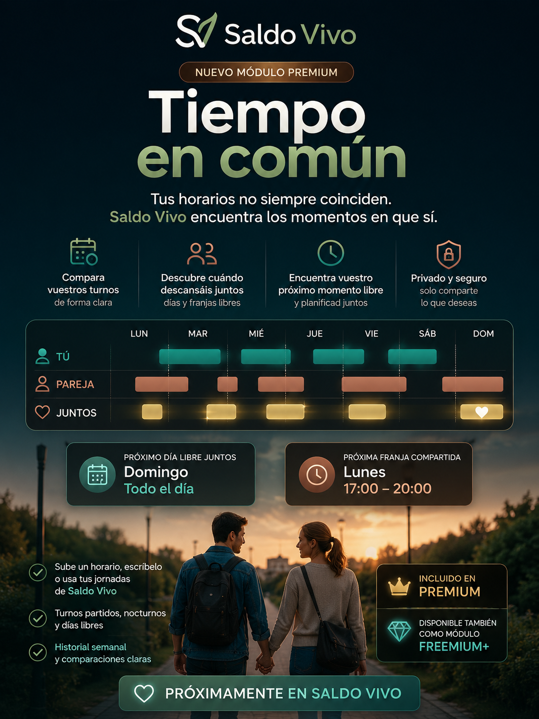 Time Together module poster with a couple walking and a graphical comparison of their schedules.